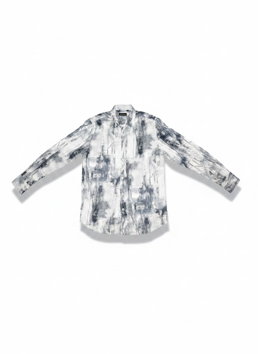 De Niko White Grey Abstract Art Long Sleeve Button Up