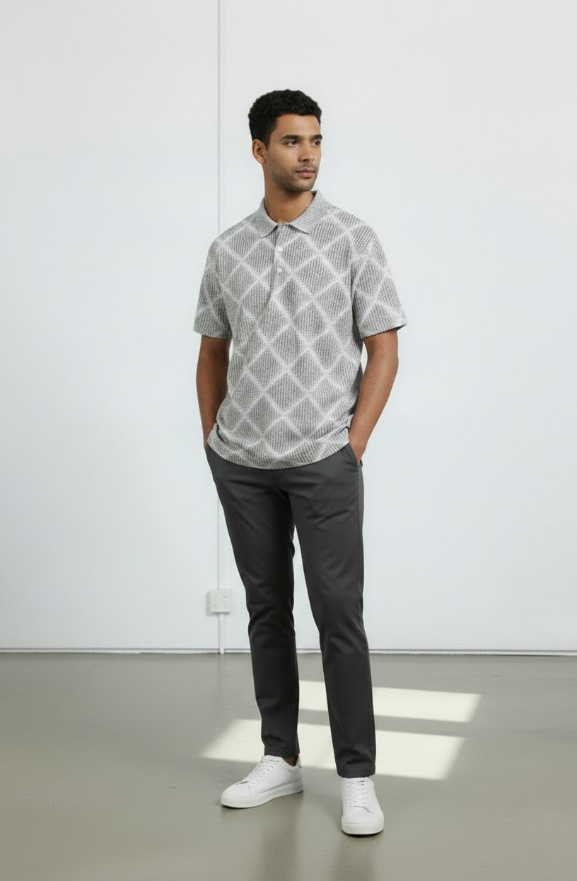 Pazo Diamond Geo Print Knitted Polo Shirt — White/Sage