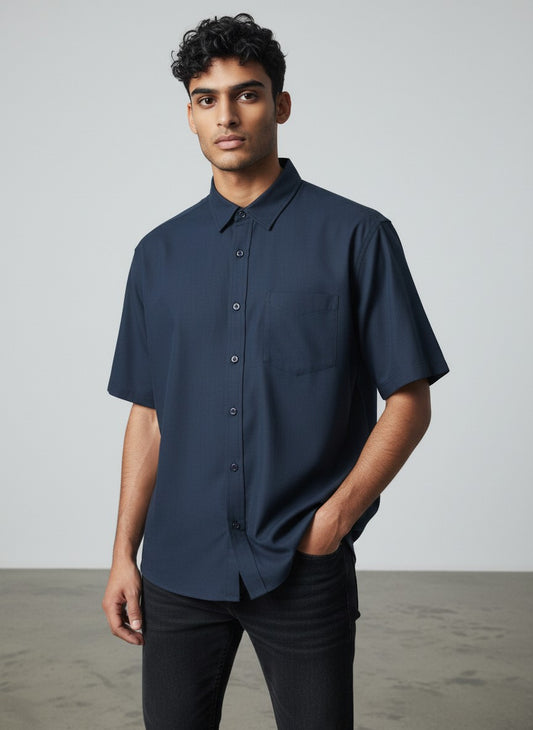 Triveni Steel Blue Textured Short Sleeve Button Up