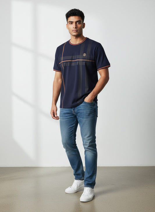 Chuxx Navy Plaid Crew Neck Designer Tee