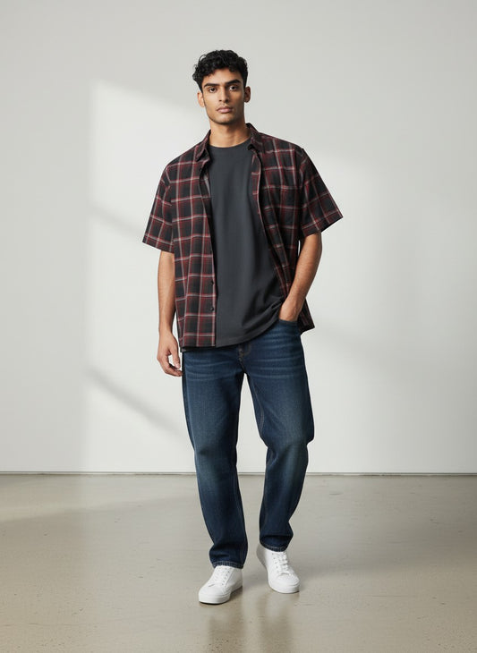 Yago Black Red Plaid Short Sleeve Button Up