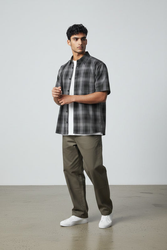 Yago Grey Ombre Plaid Short Sleeve Button Up