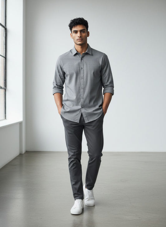 De Niko Charcoal Slim Fit Long Sleeve Dress Shirt