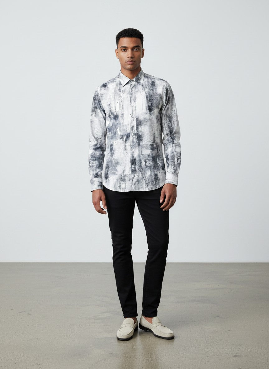 De Niko White Grey Abstract Art Long Sleeve Button Up