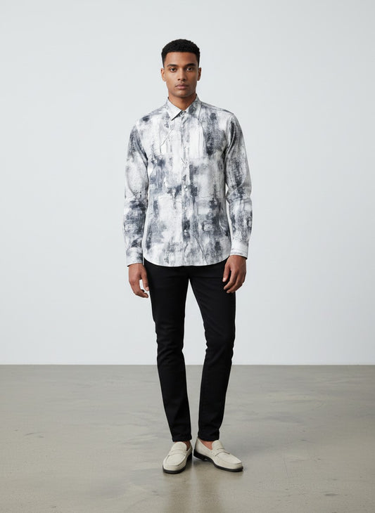 De Niko White Grey Abstract Art Long Sleeve Button Up