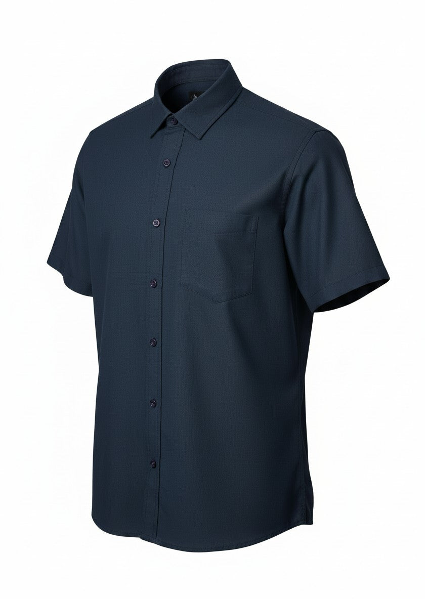 Triveni Steel Blue Textured Short Sleeve Button Up