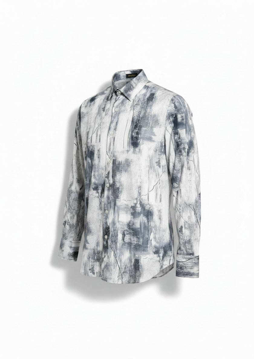 De Niko White Grey Abstract Art Long Sleeve Button Up