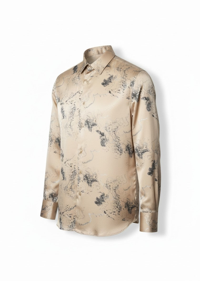 De Niko Marble Print Satin Shirt — Champagne