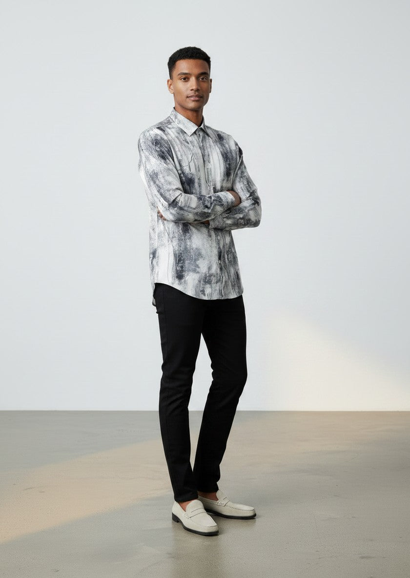 De Niko White Grey Abstract Art Long Sleeve Button Up