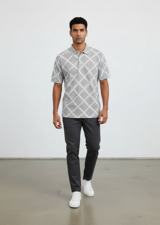 Pazo Diamond Geo Print Knitted Polo Shirt — White/Sage