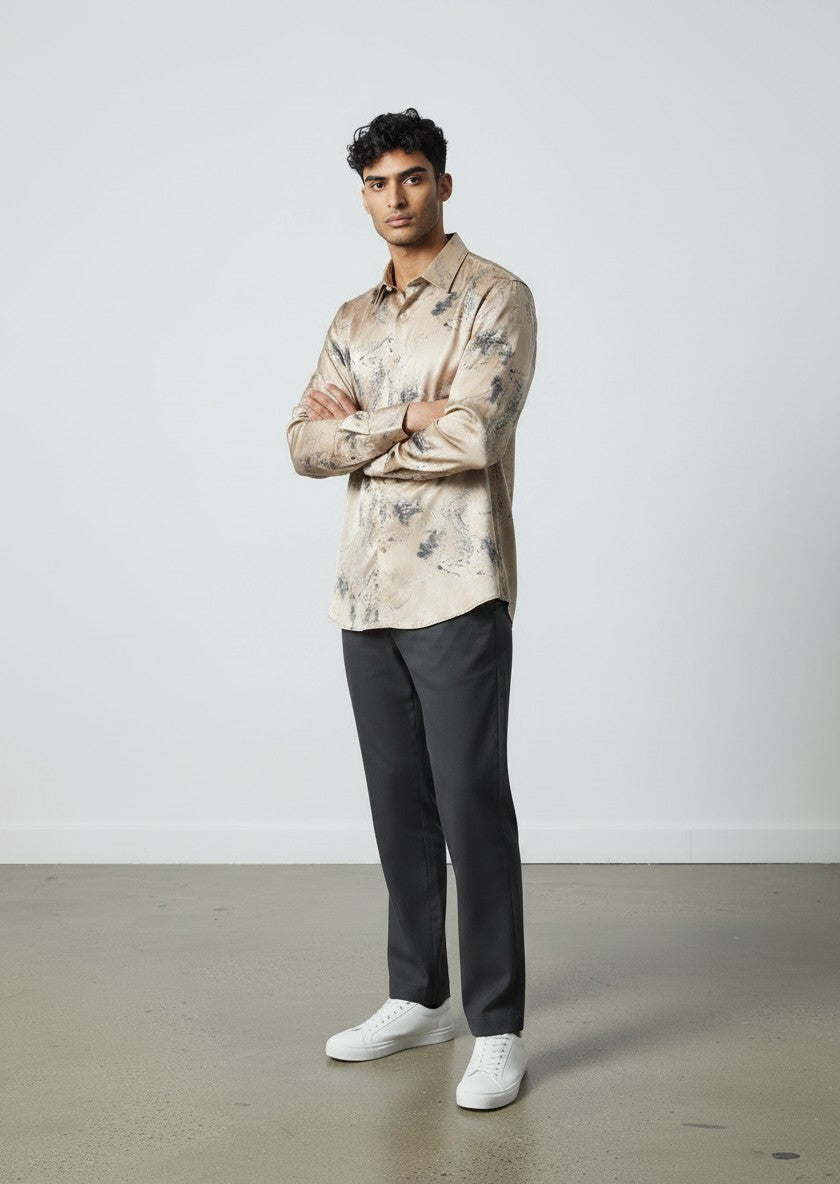 De Niko Marble Print Satin Shirt — Champagne