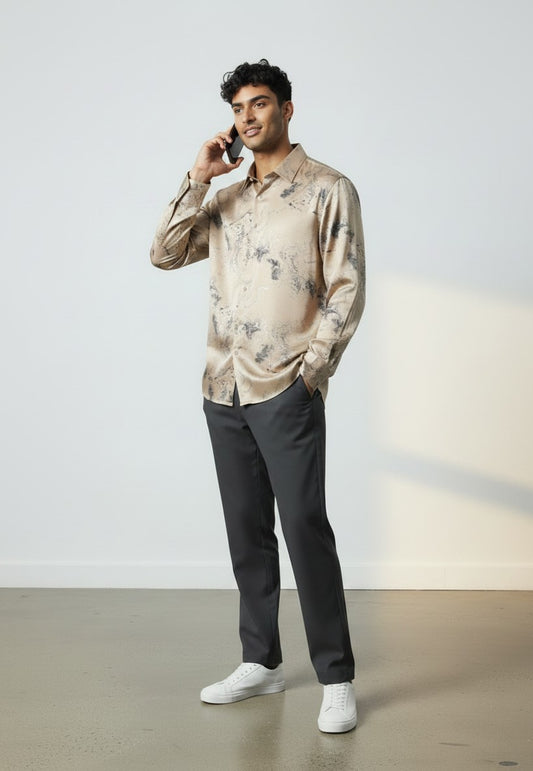 De Niko Marble Print Satin Shirt — Champagne