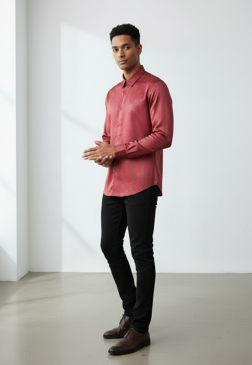 Pazo Floral Jacquard Satin Shirt — Burgundy
