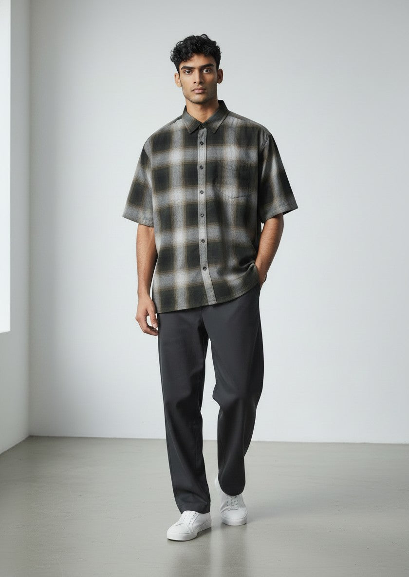Triveni Olive Plaid Short Sleeve Button Up