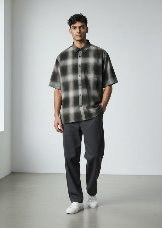 Triveni Olive Plaid Short Sleeve Button Up